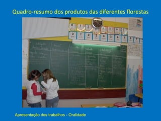 Quadro-resumo dos produtos das diferentes florestas




Apresentação dos trabalhos - Oralidade
 