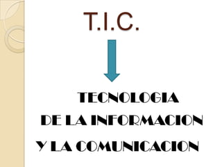 T.I.C.

    TECNOLOGIA
DE LA INFORMACION
Y LA COMUNICACION
 