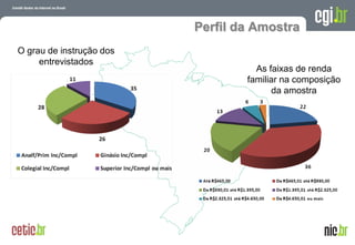 Perfil da Amostra
O grau de instrução dos
     entrevistados
                                    As faixas de renda
                                  familiar na composição
                                         da amostra




                                      A evolução da Internet no Brasil
                                     26 de março de 2009 – São Paulo
 