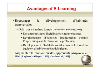 •Encourager le développement d’habiletés
transversales
– Réaliser en même temps [Jefferson et Edwards, 2000]:
• Des apprentissages disciplinaires et technologiques,
Avantages d’E-Learning
• Des apprentissages disciplinaires et technologiques,
• Développement d’habiletés intellectuelles comme
l’esprit critique et la résolution de problèmes,
• Développement d’habiletés sociales comme le travail en
équipe et d’habiletés méthodologiques.
• Augmenter la motivation des apprenants [Grégoire et al.,
1996] [Lapierre et Gingras, 2001] [Ouellet et al., 2001].
12
 