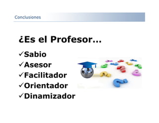 Conclusiones
Sabio
Asesor
Facilitador
Orientador
Dinamizador
¿Es el Profesor…
 