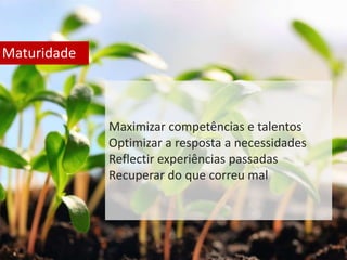 Maturidade 
Maximizar competências e talentos 
Optimizar a resposta a necessidades 
Reflectir experiências passadas 
Recuperar do que correu mal 
 