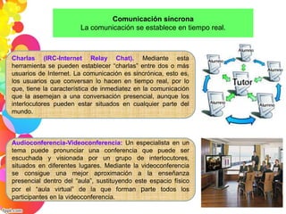 Comunicación síncrona 
La comunicación se establece en tiempo real. 
Charlas (IRC-Internet Relay Chat). Mediante esta 
herramienta se pueden establecer “charlas” entre dos o más 
usuarios de Internet. La comunicación es sincrónica, esto es, 
los usuarios que conversan lo hacen en tiempo real, por lo 
que, tiene la característica de inmediatez en la comunicación 
que la asemejan a una conversación presencial, aunque los 
interlocutores pueden estar situados en cualquier parte del 
mundo. 
Audioconferencia-Videoconferencia: Un especialista en un 
tema puede pronunciar una conferencia que puede ser 
escuchada y visionada por un grupo de interlocutores, 
situados en diferentes lugares. Mediante la videoconferencia 
se consigue una mejor aproximación a la enseñanza 
presencial dentro del “aula”, sustituyendo este espacio físico 
por el “aula virtual” de la que forman parte todos los 
participantes en la videoconferencia. 
 
