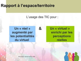 Rapport à l’espace/territoire Un « virtuel » enrichi par les perceptions réelles L’usage des TIC pour :  Un « réel » augmenté par les potentialités du virtuel  & 