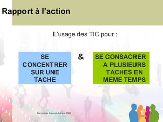 Rapport à l’action SE CONSACRER A PLUSIEURS TACHES EN MEME TEMPS L’usage des TIC pour :  SE CONCENTRER SUR UNE TACHE & 