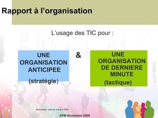 Rapport à l’organisation UNE ORGANISATION DE DERNIERE MINUTE (tactique) L’usage des TIC pour :  UNE ORGANISATION  ANTICIPEE (stratégie ) & APM Novembre 2008 