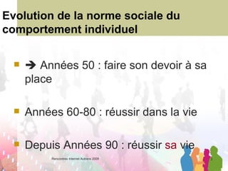 Evolution de la norme sociale du  comportement individuel    Années 50 : faire son devoir à sa place Années 60-80 : réussir dans la vie Depuis Années 90 : réussir  sa  vie 