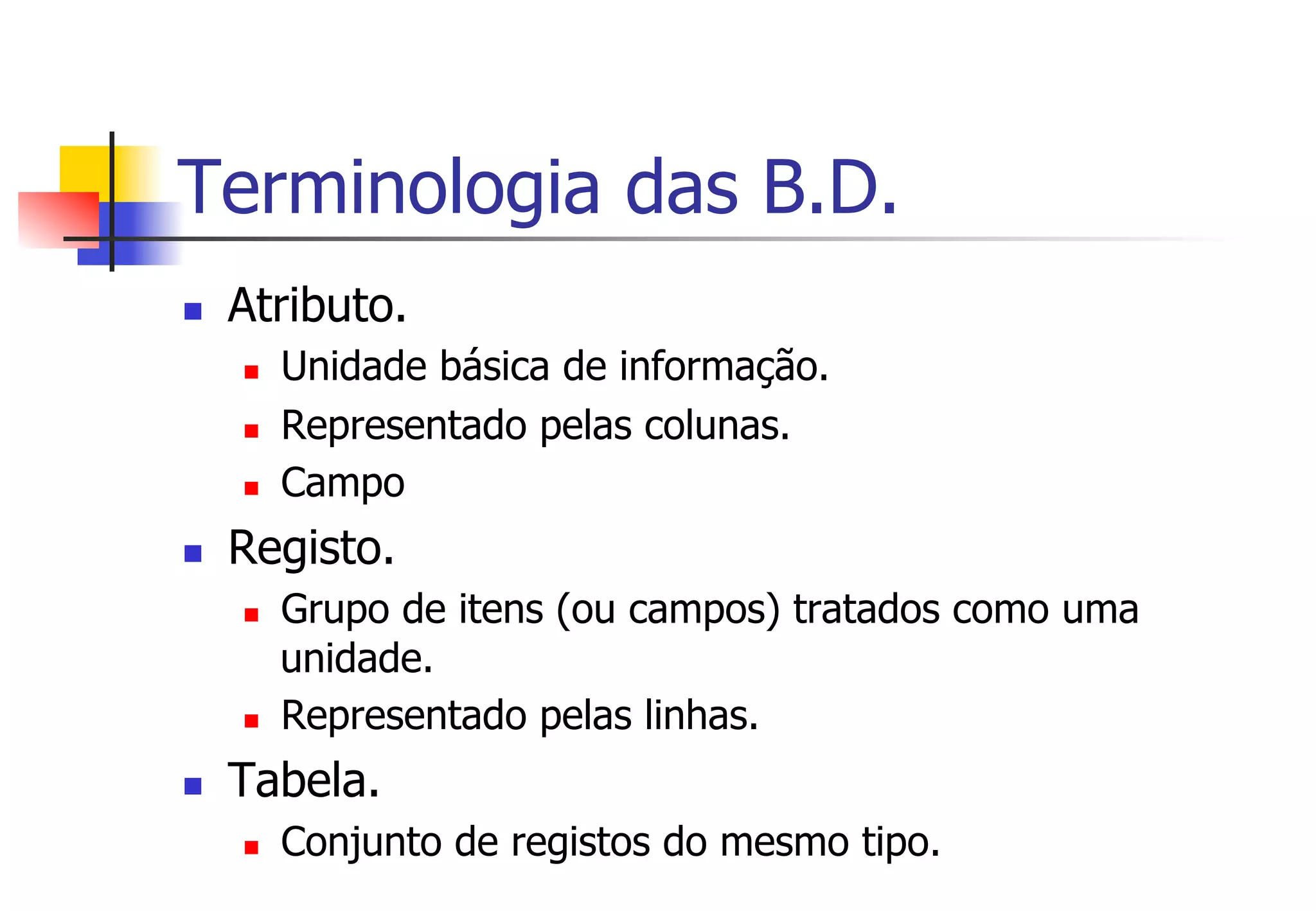 Terminologia das B.D.
n  Atributo.
n  Unidade básica de informação.
n  Representado pelas colunas.
n  Campo
n  Registo.
n  Grupo de itens (ou campos) tratados como uma
unidade.
n  Representado pelas linhas.
n  Tabela.
n  Conjunto de registos do mesmo tipo.
 