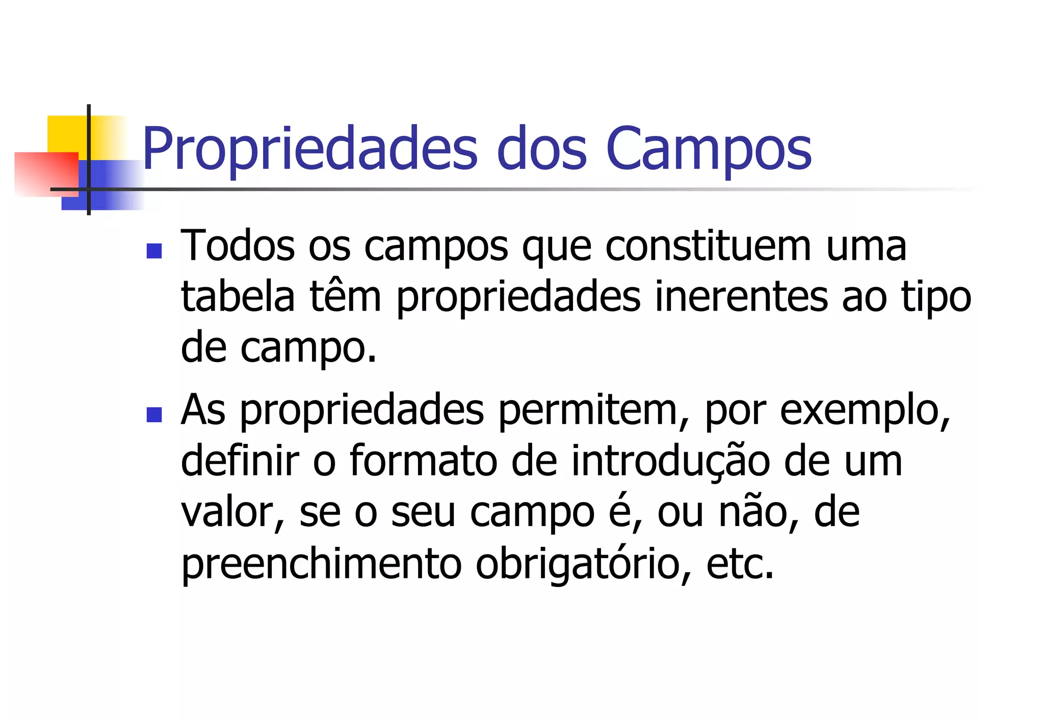 Propriedades dos Campos
n  Todos os campos que constituem uma
tabela têm propriedades inerentes ao tipo
de campo.
n  As propriedades permitem, por exemplo,
definir o formato de introdução de um
valor, se o seu campo é, ou não, de
preenchimento obrigatório, etc.
 