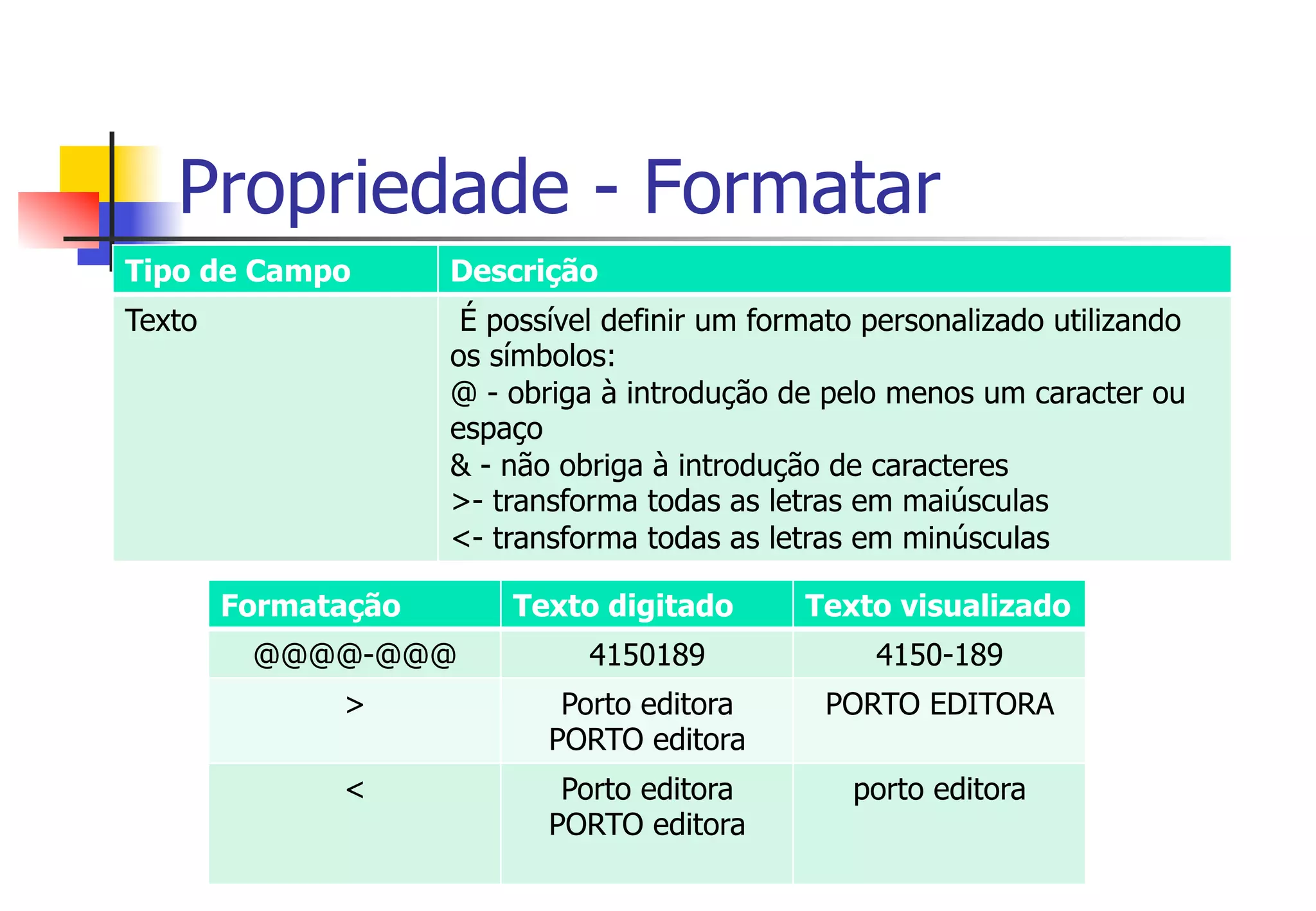 Propriedade - Formatar
Tipo de Campo Descrição
Texto É possível definir um formato personalizado utilizando
os símbolos:
@ - obriga à introdução de pelo menos um caracter ou
espaço
& - não obriga à introdução de caracteres
>- transforma todas as letras em maiúsculas
<- transforma todas as letras em minúsculas
Formatação Texto digitado Texto visualizado
@@@@-@@@ 4150189 4150-189
> Porto editora
PORTO editora
PORTO EDITORA
< Porto editora
PORTO editora
porto editora
 