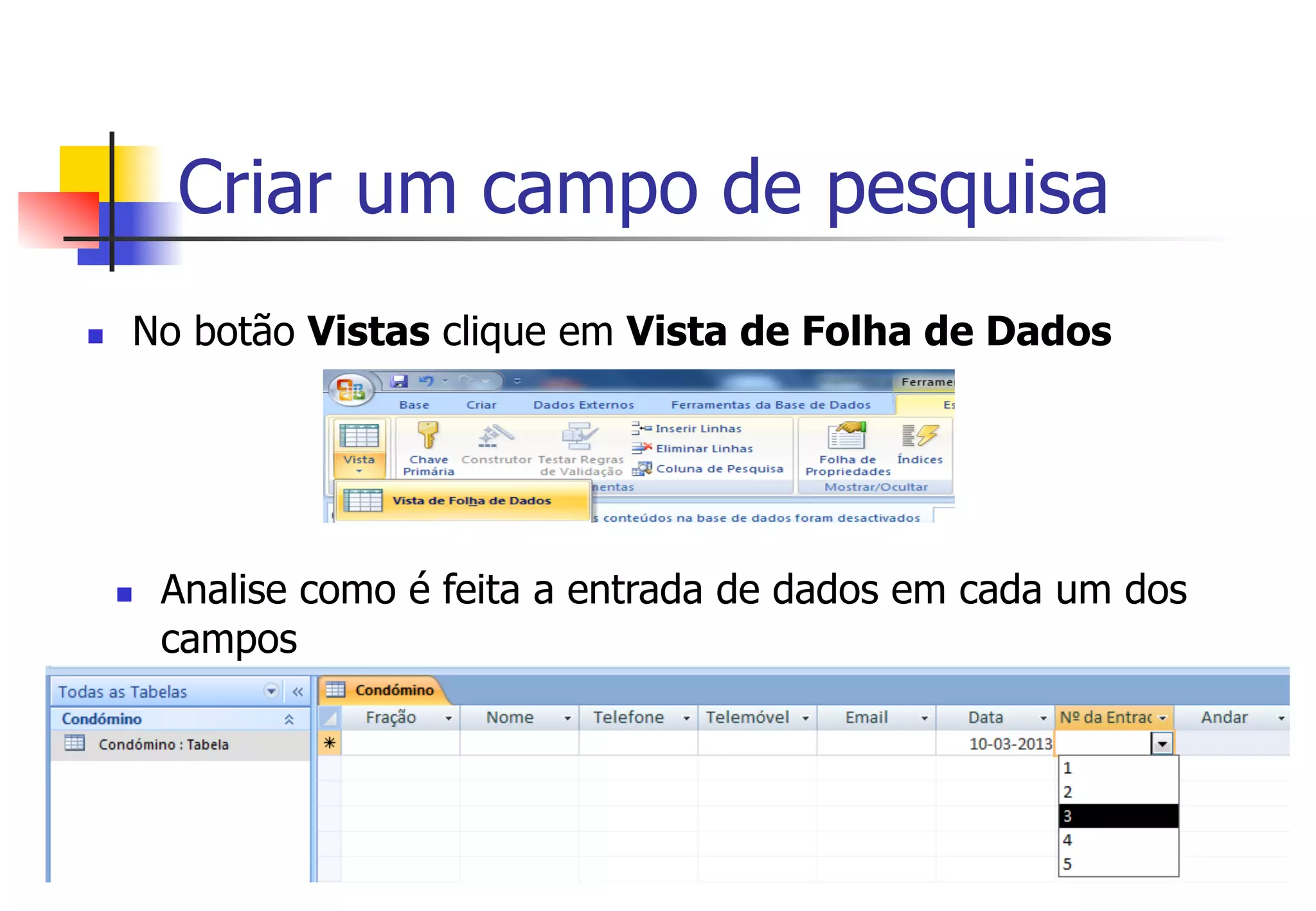 Criar um campo de pesquisa
n  No botão Vistas clique em Vista de Folha de Dados
n  Analise como é feita a entrada de dados em cada um dos
campos
 