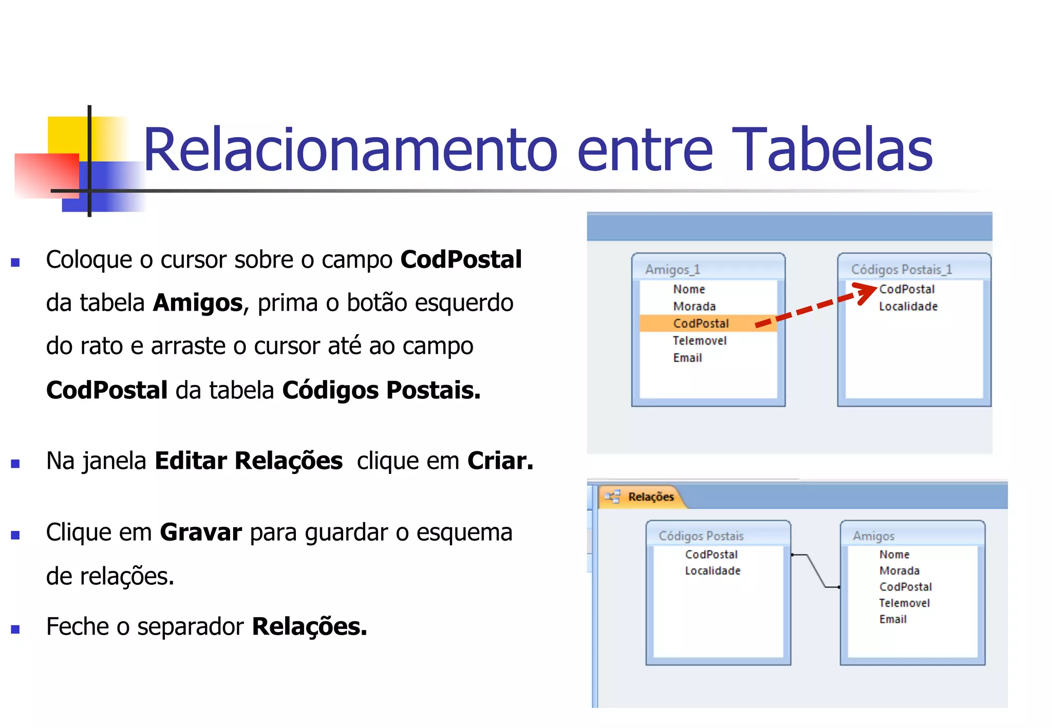 Relacionamento entre Tabelas
n  Coloque o cursor sobre o campo CodPostal
da tabela Amigos, prima o botão esquerdo
do rato e arraste o cursor até ao campo
CodPostal da tabela Códigos Postais.
n  Na janela Editar Relações clique em Criar.
n  Clique em Gravar para guardar o esquema
de relações.
n  Feche o separador Relações.
 