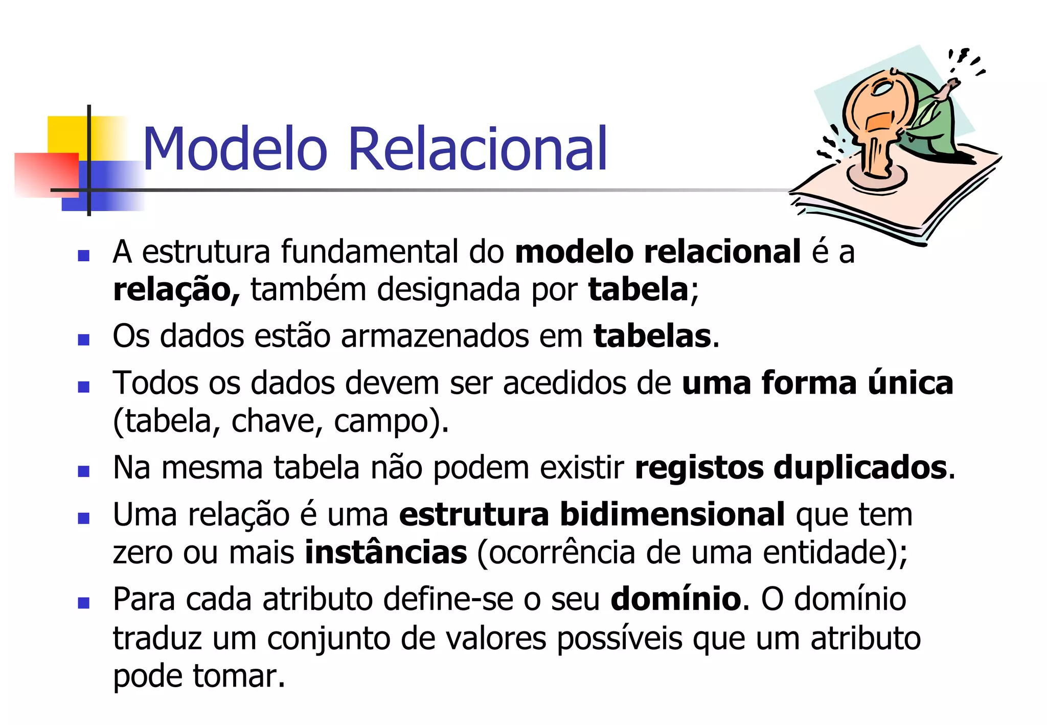 Modelo Relacional
n  A estrutura fundamental do modelo relacional é a
relação, também designada por tabela;
n  Os dados estão armazenados em tabelas.
n  Todos os dados devem ser acedidos de uma forma única
(tabela, chave, campo).
n  Na mesma tabela não podem existir registos duplicados.
n  Uma relação é uma estrutura bidimensional que tem
zero ou mais instâncias (ocorrência de uma entidade);
n  Para cada atributo define-se o seu domínio. O domínio
traduz um conjunto de valores possíveis que um atributo
pode tomar.
 