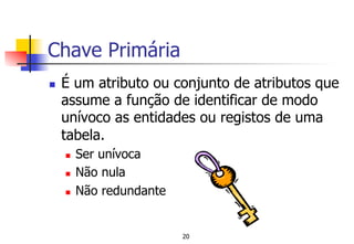Chave Primária
n  É um atributo ou conjunto de atributos que
assume a função de identificar de modo
unívoco as entidades ou registos de uma
tabela.
n  Ser unívoca
n  Não nula
n  Não redundante
20
 