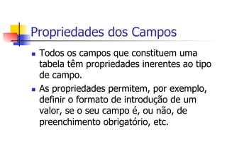 Propriedades dos Campos
n  Todos os campos que constituem uma
tabela têm propriedades inerentes ao tipo
de campo.
n  As propriedades permitem, por exemplo,
definir o formato de introdução de um
valor, se o seu campo é, ou não, de
preenchimento obrigatório, etc.
 