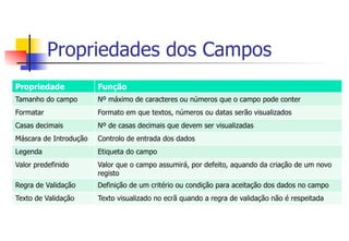 Propriedades dos Campos
Propriedade Função
Tamanho do campo Nº máximo de caracteres ou números que o campo pode conter
Formatar Formato em que textos, números ou datas serão visualizados
Casas decimais Nº de casas decimais que devem ser visualizadas
Máscara de Introdução Controlo de entrada dos dados
Legenda Etiqueta do campo
Valor predefinido Valor que o campo assumirá, por defeito, aquando da criação de um novo
registo
Regra de Validação Definição de um critério ou condição para aceitação dos dados no campo
Texto de Validação Texto visualizado no ecrã quando a regra de validação não é respeitada
 