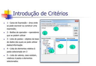 Introdução de Critérios
u  1 - Caixa de Expressão – área onde
se pode escrever ou construir uma
expressão;
u  2 - Botões de operador – operadores
que se podem utilizar
u  3 - Lista de pastas – objetos da base
de dados dos quais se pode utilizar
dados/informação
u  4 – Lista de elementos relativa à
pasta selecionada em 3
u  5 – Lista de valores, caso existam,
relativos à pasta e elementos
selecionados.
1
2
3
4 5
 