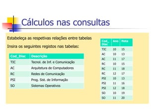 Cálculos nas consultas
Estabeleça as respetivas relações entre tabelas
Insira os seguintes registos nas tabelas:
Cod_Disc Descrição
TIC Tecnol. de Inf. e Comunicação
AC Arquitetura de Computadores
RC Redes de Comunicação
PSI Prog. Sist. de Informação
SO Sistemas Operativos
Cod_
Disc
Ano Nota
TIC 10 15
AC 10 13
AC 11 17
RC 10 15
RC 11 18
RC 12 17
PSI 10 13
PSI 11 16
PSI 12 18
SO 10 19
SO 11 20
 