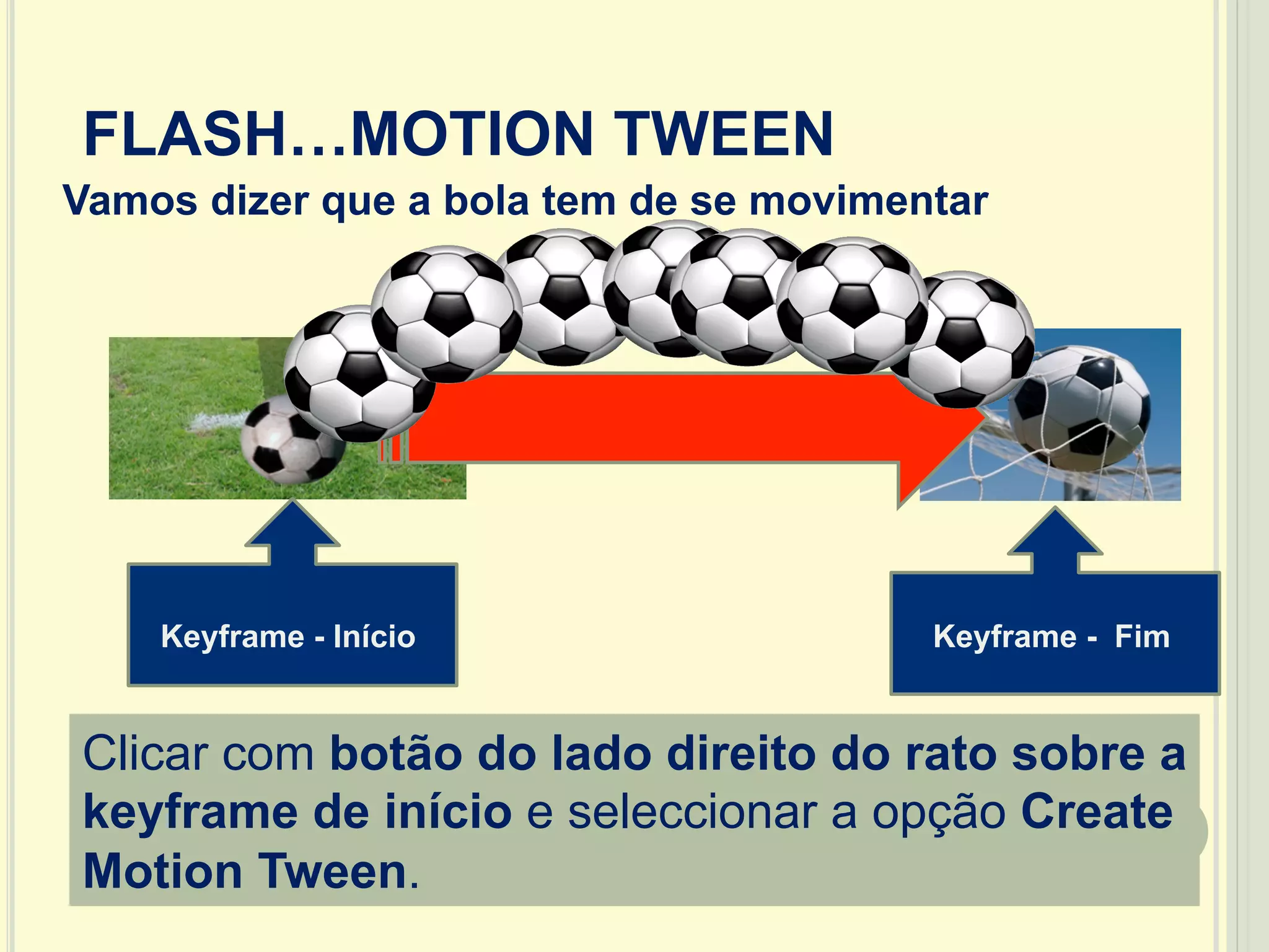17
Vamos dizer que a bola tem de se movimentar
FLASH…MOTION TWEEN
Clicar com botão do lado direito do rato sobre a
keyframe de início e seleccionar a opção Create
Motion Tween.
Keyframe - Início Keyframe - Fim
 
