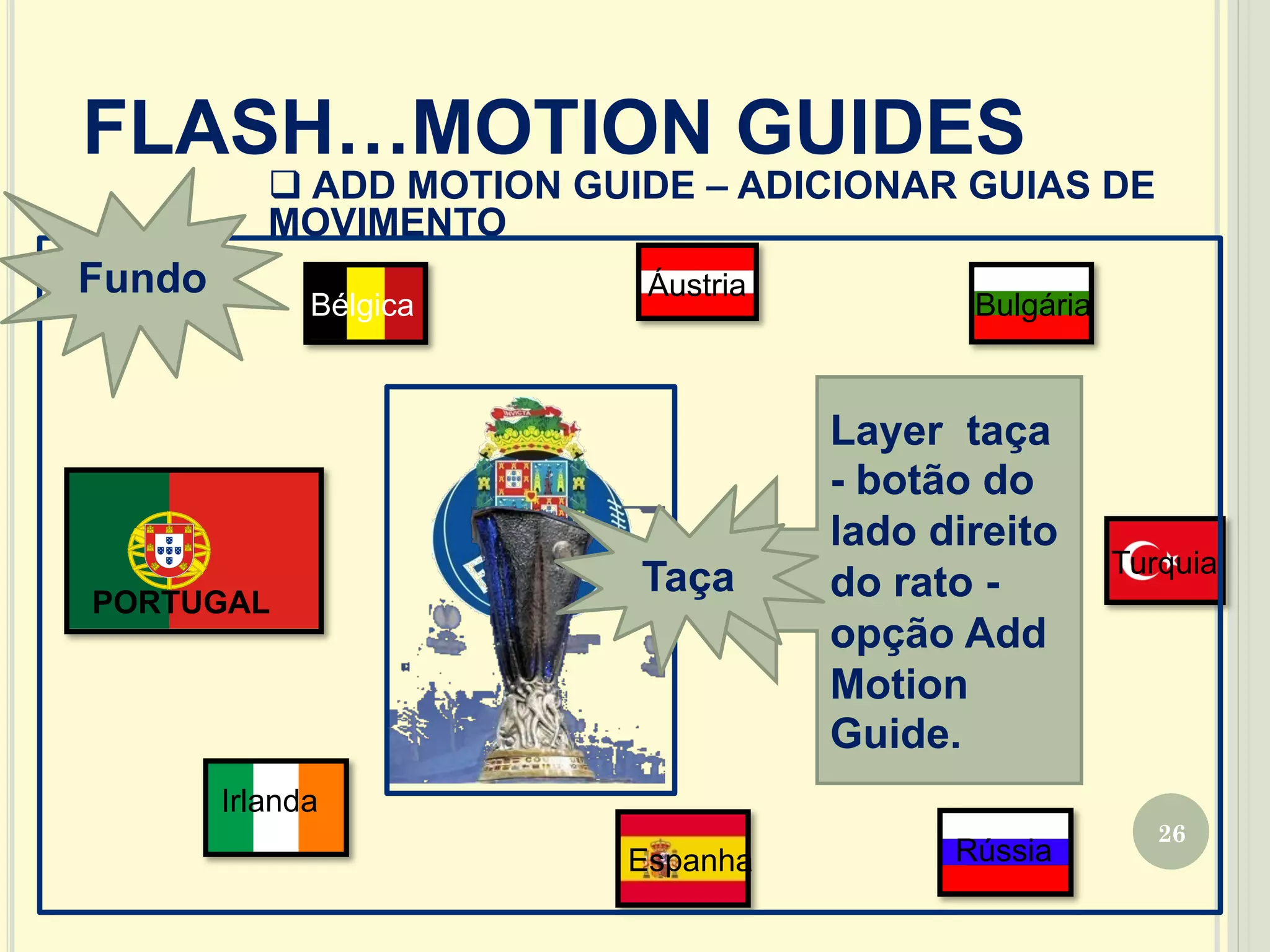 26
FLASH…MOTION GUIDES
q ADD MOTION GUIDE – ADICIONAR GUIAS DE
MOVIMENTO
Layer taça
- botão do
lado direito
do rato -
opção Add
Motion
Guide.
Taça
Fundo
PORTUGAL
Bélgica
Áustria
Bulgária
Turquia
RússiaEspanha
Irlanda
 