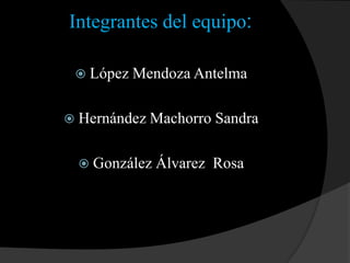 Integrantes del equipo: López Mendoza Antelma Hernández Machorro Sandra González Álvarez  Rosa 