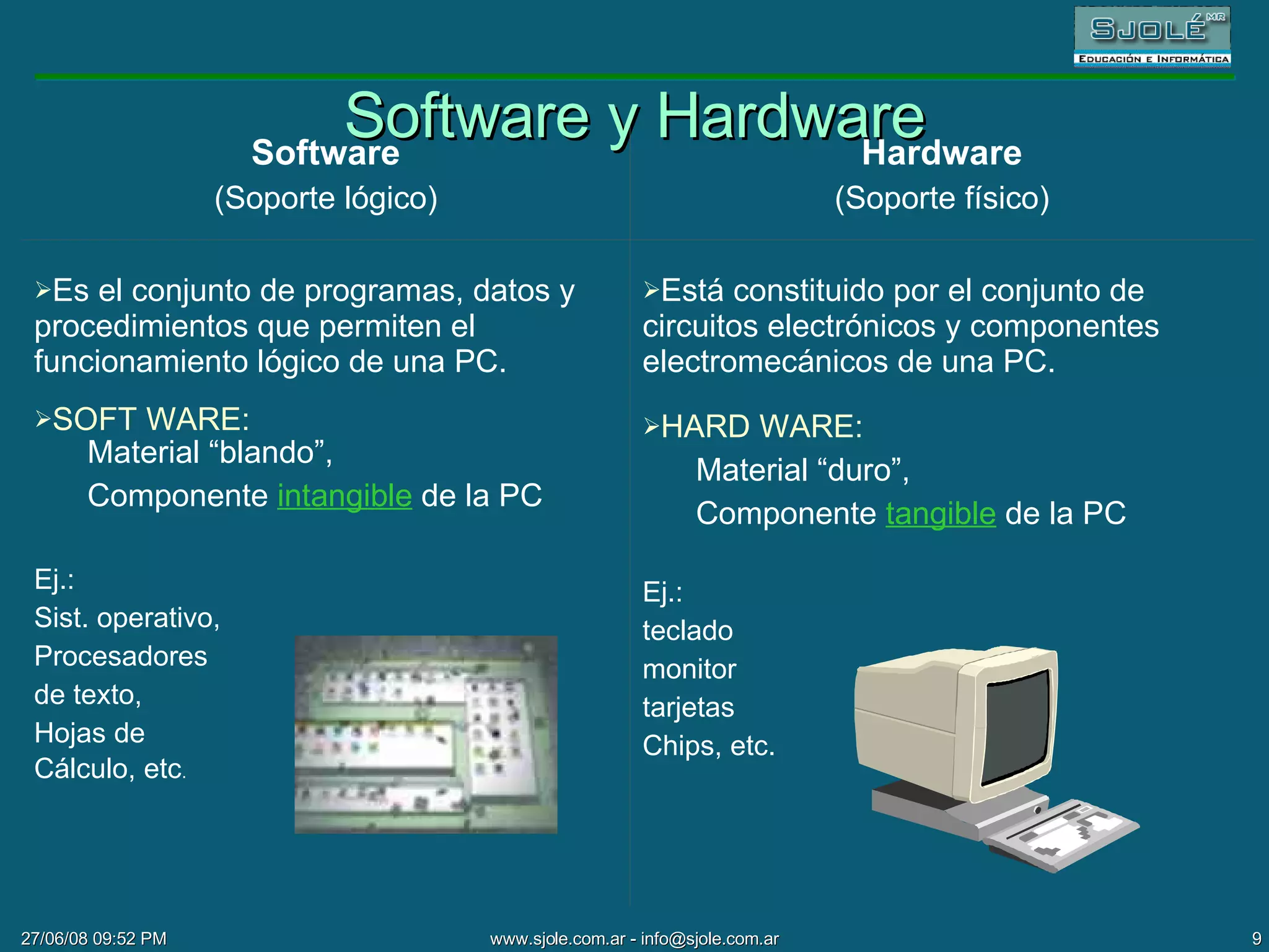 Software y Hardware Está constituido por el conjunto de circuitos electrónicos y componentes electromecánicos de una PC. HARD WARE:   Material “duro”,  Componente   tangible  de la PC Ej.:  teclado monitor tarjetas Chips, etc. Es el conjunto de programas, datos y procedimientos que permiten el funcionamiento lógico de una PC.  SOFT WARE:   Material “blando”,  Componente   intangible  de la PC Ej.:  Sist. operativo,  Procesadores de texto, Hojas de  Cálculo, etc . Hardware (Soporte físico) Software (Soporte lógico) 