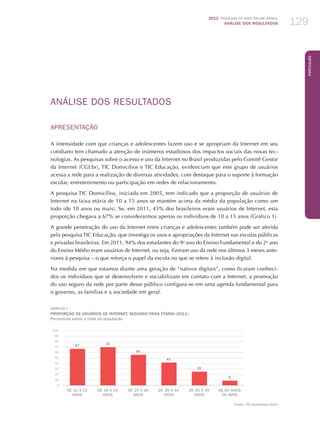 2012 Pesquisa TIC kids online brasil
ANÁLISE DOS RESULTADOS 129
Português
129
ANÁLISE DOS RESULTADOS
APRESENTAÇÃO
A intensidade com que crianças e adolescentes fazem uso e se apropriam da Internet em seu
cotidiano tem chamado a atenção de inúmeros estudiosos dos impactos sociais das novas tec-
nologias. As pesquisas sobre o acesso e uso da Internet no Brasil produzidas pelo Comitê Gestor
da Internet (CGI.br), TIC Domicílios e TIC Educação, evidenciam que este grupo de usuários
acessa a rede para a realização de diversas atividades, com destaque para o suporte à formação
escolar, entretenimento ou participação em redes de relacionamento.
A pesquisa TIC Domicílios, iniciada em 2005, tem indicado que a proporção de usuários de
Internet na faixa etária de 10 a 15 anos se mantém acima da média da população como um
todo (de 10 anos ou mais). Se, em 2011, 45% dos brasileiros eram usuários de Internet, esta
proporção chegava a 67% se considerarmos apenas os indivíduos de 10 a 15 anos (Gráfico 1).
A grande penetração do uso da Internet entre crianças e adolescentes também pode ser aferida
pela pesquisa TIC Educação, que investiga os usos e apropriações da Internet nas escolas públicas
e privadas brasileiras. Em 2011, 94% dos estudantes do 9o
ano do Ensino Fundamental e do 2o
ano
do Ensino Médio eram usuários de Internet, ou seja, fizeram uso da rede nos últimos 3 meses ante-
riores à pesquisa – o que reforça o papel da escola no que se refere à inclusão digital.
Na medida em que estamos diante uma geração de “nativos digitais”, como ficaram conheci-
dos os indivíduos que se desenvolvem e sociabilizam em contato com a Internet, a promoção
do uso seguro da rede por parte desse público configura-se em uma agenda fundamental para
o governo, as famílias e a sociedade em geral.
GRÁFICO 1
PROPORÇÃO DE USUÁRIOS DE INTERNET, SEGUNDO FAIXA ETÁRIA (2011)
Percentual sobre o total da população
9
25
41
56
67
100
90
80
70
60
50
40
30
20
10
0
De 10 a 15
anos
De 16 a 24
anos
De 25 a 34
anos
De 35 a 44
anos
De 45 a 59
anos
De 60 anos
ou mais
70
Fonte: TIC Domicílios 2011
 