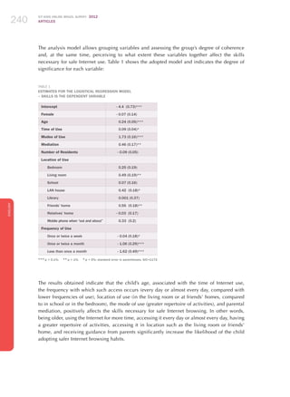 ICT KIDS ONLINE BRAZIL SURVEY 2012
ARTICLES240
ENGLISH
240240240
The analysis model allows grouping variables and assessing the group’s degree of coherence
and, at the same time, perceiving to what extent these variables together affect the skills
necessary for safe Internet use. Table 1 shows the adopted model and indicates the degree of
significance for each variable:
TaBLE 1
Estimates for the Logistical Regression Model
– Skills Is the Dependent Variable
Intercept - 4.4 (0.73)***
Female - 0.07 (0.14)
Age 0.24 (0.05)***
Time of Use 0.09 (0.04)*
Modes of Use 1.73 (0.16)***
Mediation 0.46 (0.17)**
Number of Residents - 0.09 (0.05)
Location of Use
Bedroom 0.25 (0.19)
Living room 0.49 (0.19)**
School 0.07 (0.16)
LAN house 0.42 (0.18)*
Library 0.001 (0.37)
Friends’ home 0.55 (0.18)**
Relatives’ home - 0.03 (0.17)
Mobile phone when “out and about” 0.33 (0.2)
Frequency of Use
Once or twice a week - 0.04 (0.18)*
Once or twice a month - 1.06 (0.29)***
Less than once a month - 1.62 (0.49)***
*** p  0.1%; ** p  1%; * p  5%; standard error in parentheses; AIC=1172
The results obtained indicate that the child’s age, associated with the time of Internet use,
the frequency with which such access occurs (every day or almost every day, compared with
lower frequencies of use), location of use (in the living room or at friends’ homes, compared
to in school or in the bedroom), the mode of use (greater repertoire of activities), and parental
mediation, positively affects the skills necessary for safe Internet browsing. In other words,
being older, using the Internet for more time, accessing it every day or almost every day, having
a greater repertoire of activities, accessing it in location such as the living room or friends’
home, and receiving guidance from parents significantly increase the likelihood of the child
adopting safer Internet browsing habits.
 