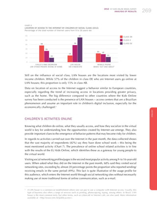 2012 ICT KIDS ONLINE BRAZIL SURVEY
ANALYSIS OF RESULTS 269269269
ENGLISH
269269269269269
CHART 6
LOCATION of access to the Internet BY CHILDREN BY SOCIAL CLASS (2012)
Percentage of the total number of Internet users from 9 to 16 years old
60
50
40
30
20
10
0
Child’s OWN bedroom
(or other private room) at home
Lan house
oR CYBERcafé
Mobile phone
when ‘out and about’
CLASS AB
CLASS C
CLASS DE38
25
10
15
39
57
20 18
11
Still on the influence of social class, LAN houses are the locations most visited by lower
income children. While 57% of the children in class DE who are Internet users go online at
LAN houses; this proportion is only 15% in class AB.
Data on location of access to the Internet suggest a behavior similar to European countries,
especially regarding the trend of increasing access in locations providing greater privacy,
such as the home. The big difference compared to other countries where the Kids Online
survey has been conducted is the presence of LAN houses – access centers that are a Brazilian
phenomenon and assume an important role in children’s digital inclusion, especially for the
economically challenged.2
CHILDREN’S ACTIVITIES ONLINE
Knowing what children do online, what they usually access, and how they socialize in the virtual
world is key for understanding how the opportunities created by Internet use emerge. They also
provide important clues to the emergence of behavior patterns that may become risky for children.
In regards to activities carried out over the Internet in the past month, the data collected shows
that the vast majority of respondents (82%) say they have done school work – this being the
most mentioned activity (Chart 7). The prevalence of online school related activities is in line
with the results of the EU Kids Online, which identifies these as a gateway for young people to
the virtual world.
Visiting social networking profiles/pages is the second most popular activity among 9- to 16-year-old
users. When asked what they did on the Internet in the past month, 68% said they visited social
networking sites, exceeding by almost 20 percentage points the proportion who reported sending/
receiving emails in the same period (49%). This fact is quite illustrative of the usage profile for
this audience, which enters the Internet world through social networking sites without necessarily
making use of more traditional forms of online communication, such as e-mail.
2
	 A LAN house is a commercial establishment where one can pay to use a computer with Internet access. Usually, this
type of business also offers a range of services such as printing, photocopying, typing, among others. In Brazil, LAN
house is the most common term, but other terms, such as cybercafé or Internet café, are also used. More information
available at: http://www.cetic.br/publicacoes/.
 