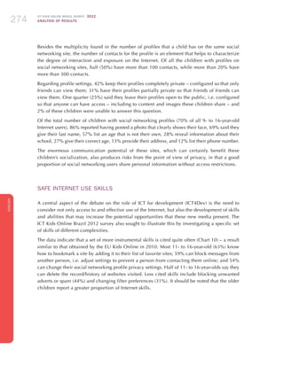 ICT KIDS ONLINE BRAZIL SURVEY 2012
ANALYSIS OF RESULTS274274274
ENGLISH
274274274274274
Besides the multiplicity found in the number of profiles that a child has on the same social
networking site, the number of contacts for the profile is an element that helps to characterize
the degree of interaction and exposure on the Internet. Of all the children with profiles on
social networking sites, half (50%) have more than 100 contacts, while more than 20% have
more than 300 contacts.
Regarding profile settings, 42% keep their profiles completely private – configured so that only
friends can view them; 31% have their profiles partially private so that friends of friends can
view them. One quarter (25%) said they leave their profiles open to the public, i.e. configured
so that anyone can have access – including to content and images these children share – and
2% of these children were unable to answer this question.
Of the total number of children with social networking profiles (70% of all 9- to 16-year-old
Internet users), 86% reported having posted a photo that clearly shows their face, 69% said they
give their last name, 57% list an age that is not their own, 28% reveal information about their
school, 27% give their correct age, 13% provide their address, and 12% list their phone number.
The enormous communication potential of these sites, which can certainly benefit these
children’s socialization, also produces risks from the point of view of privacy, in that a good
proportion of social networking users share personal information without access restrictions.
SAFE INTERNET USE SKILLS
A central aspect of the debate on the role of ICT for development (ICT4Dev) is the need to
consider not only access to and effective use of the Internet, but also the development of skills
and abilities that may increase the potential opportunities that these new media present. The
ICT Kids Online Brazil 2012 survey also sought to illustrate this by investigating a specific set
of skills of different complexities.
The data indicate that a set of more instrumental skills is cited quite often (Chart 10) – a result
similar to that obtained by the EU Kids Online in 2010. Most 11- to 16-year-old (63%) know
how to bookmark a site by adding it to their list of favorite sites; 59% can block messages from
another person, i.e. adjust settings to prevent a person from contacting them online; and 54%
can change their social networking profile privacy settings. Half of 11- to 16-year-olds say they
can delete the record/history of websites visited. Less cited skills include blocking unwanted
adverts or spam (44%) and changing filter preferences (31%). It should be noted that the older
children report a greater proportion of Internet skills.
 