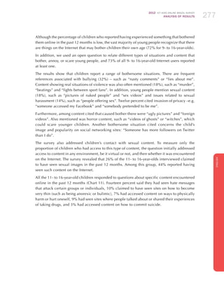 2012 ICT KIDS ONLINE BRAZIL SURVEY
ANALYSIS OF RESULTS 277277277
ENGLISH
277277277277277
Although the percentage of children who reported having experienced something that bothered
them online in the past 12 months is low, the vast majority of young people recognize that there
are things on the Internet that may bother children their own age (72% for 9- to 16-year-olds).
In addition, we used an open question to relate different types of situations and content that
bother, annoy, or scare young people, and 73% of all 9- to 16-year-old Internet users reported
at least one.
The results show that children report a range of bothersome situations. There are frequent
references associated with bullying (32%) – such as “nasty comments” or “lies about me”.
Content showing real situations of violence was also often mentioned (18%), such as “murder”,
“beatings” and “fights between sport fans”. In addition, young people mention sexual content
(18%), such as “pictures of naked people” and “sex videos” and issues related to sexual
harassment (14%), such as “people offering sex”. Twelve percent cited invasion of privacy –e.g.
“someone accessed my Facebook” and “somebody pretended to be me”.
Furthermore, among content cited that caused bother there were “ugly pictures” and “foreign
videos”. Also mentioned was horror content, such as “videos of ghosts” or “witches”, which
could scare younger children. Another bothersome situation cited concerns the child’s
image and popularity on social networking sites: “Someone has more followers on Twitter
than I do”.
The survey also addressed children’s contact with sexual content. To measure only the
proportion of children who had access to this type of content, the question initially addressed
access to content in any environment, be it virtual or not, and then whether it was encountered
on the Internet. The survey revealed that 26% of the 11- to 16-year-olds interviewed claimed
to have seen sexual images in the past 12 months. Among this group, 44% reported having
seen such content on the Internet.
All the 11- to 16-year-old children responded to questions about specific content encountered
online in the past 12 months (Chart 11). Fourteen percent said they had seen hate messages
that attack certain groups or individuals, 10% claimed to have seen sites on how to become
very thin (such as being anorexic or bulimic), 7% had accessed content on ways to physically
harm or hurt oneself, 9% had seen sites where people talked about or shared their experiences
of taking drugs, and 3% had accessed content on how to commit suicide.
 