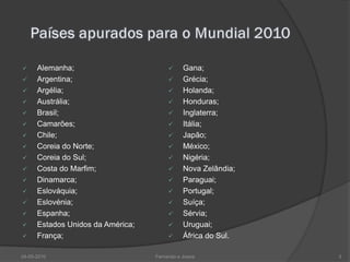      Alemanha;                              Gana;
     Argentina;                             Grécia;
     Argélia;                               Holanda;
     Austrália;                             Honduras;
     Brasil;                                Inglaterra;
     Camarões;                              Itália;
     Chile;                                 Japão;
     Coreia do Norte;                       México;
     Coreia do Sul;                         Nigéria;
     Costa do Marfim;                       Nova Zelândia;
     Dinamarca;                             Paraguai;
     Eslováquia;                            Portugal;
     Eslovénia;                             Suíça;
     Espanha;                               Sérvia;
     Estados Unidos da América;             Uruguai;
     França;                                África do Sul.

24-05-2010                         Fernando e Joana            3
 