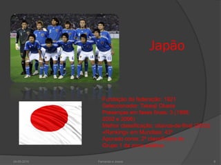 Japão


               Fundação da federação: 1921
               Seleccionador: Takesji Okada
               Presenças em fases finais: 3 (1998,
               2002 e 2006)
               Melhor classificação: oitavos-de-final (2002)
               «Ranking» em Mundiais: 43º
               Apurado como: 2º classificado do
               Grupo 1 da zona asiática

24-05-2010   Fernando e Joana                                  8
 