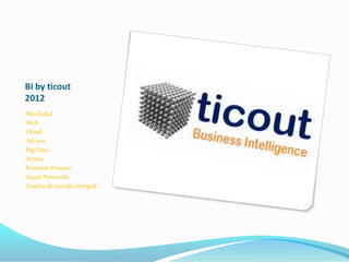 BI by ticout
2012
Movilidad
Web
Cloud
Ad-hoc
Big Data
Action
Business Process
Social Networks
Cuadro de mando Integral
 