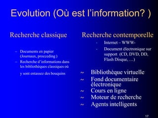 Evolution (Où est l’information? )
17
Recherche classique
– Documents en papier
(Journaux, procceding )
– Recherche d’informations dans
les bibliothèques classiques où
y sont entassez des bouquins
Recherche contemporelle
• Internet – WWW-
• Document électronique sur
support (CD, DVD, DD,
Flash Disque, …)
~ Bibliothèque virtuelle
~ Fond documentaire
électronique
~ Cours en ligne
~ Moteur de recherche
~ Agents intelligents
 