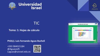 TIC
Tema: 3. Hojas de cálculo
PhD(c). Luis Fernando Aguas Bucheli
+593 984015184
@Aguaszoft
Laguas@uisrael.edu.ec
 