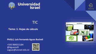 TIC
Tema: 3. Hojas de cálculo
PhD(c). Luis Fernando Aguas Bucheli
+593 984015184
@Aguaszoft
Laguas@uisrael.edu.ec
 