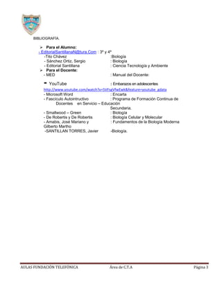 BIBLIOGRAFÍA.

 Para el Alumno:
- EditorialSantillanaN@tura.Com : 3º y 4º
-Tito Chávez
:Biología
- Sánchez Ortiz, Sergio
: Biología
- Editorial Santillana
: Ciencia Tecnología y Ambiente
 Para el Docente:
- MED
: Manual del Docente:

- YouTube

: Embarazos en adolescentes
http://www.youtube.com/watch?v=5VFsgVfwEwk&feature=youtube_gdata
- Microsoft Word
: Encarta
- Fascículo Autointructivo
: Programa de Formación Continua de
Docentes en Servicio – Educación
Secundaria.
- Smallwood – Green
: Biología
- De Robertis y De Robertis
: Biología Celular y Molecular
- Amabis, José Mariano y
: Fundamentos de la Biología Moderna
Gilberto Martho
-SANTILLAN TORRES, Javier
-Biología.

AULAS FUNDACIÓN TELEFÓNICA

Área de C.T.A

Página 3

 