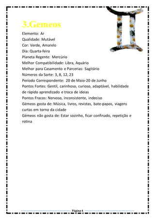 Página4
3.Gemeos
Elemento: Ar
Qualidade: Mutável
Cor: Verde, Amarelo
Dia: Quarta-feira
Planeta Regente: Mercúrio
Melhor Compatibilidade: Libra, Aquário
Melhor para Casamento e Parcerias: Sagitário
Números da Sorte: 3, 8, 12, 23
Período Correspondente: 20 de Maio-20 de Junho
Pontos Fortes: Gentil, carinhoso, curioso, adaptável, habilidade
de rápido aprendizado e troca de ideias
Pontos Fracos: Nervoso, inconsistente, indeciso
Gémeos gosta de: Música, livros, revistas, bate-papos, viagens
curtas em torno da cidade
Gémeos não gosta de: Estar sozinho, ficar confinado, repetição e
rotina
 