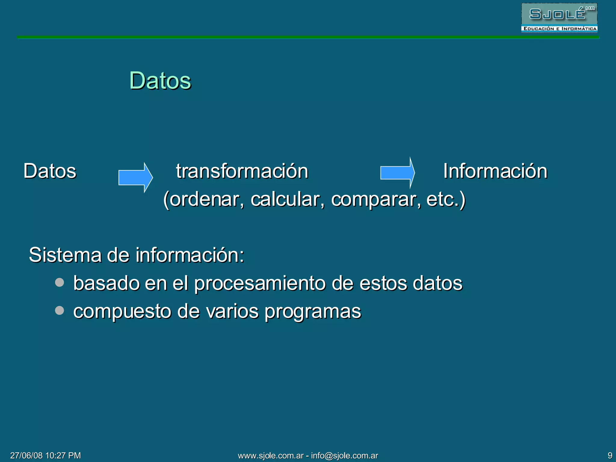 Datos Datos  transformación    Información   (ordenar, calcular, comparar, etc.) Sistema de información:  basado en el procesamiento de estos datos compuesto de varios programas 