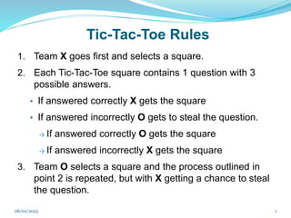 Tic-Tac-Toe Rules
1. Team X goes first and selects a square.
2. Each Tic-Tac-Toe square contains 1 question with 3
possible answers.
• If answered correctly X gets the square
• If answered incorrectly O gets to steal the question.
→ If answered correctly O gets the square
→ If answered incorrectly X gets the square
3. Team O selects a square and the process outlined in
point 2 is repeated, but with X getting a chance to steal
the question.
1
06/02/2023
 