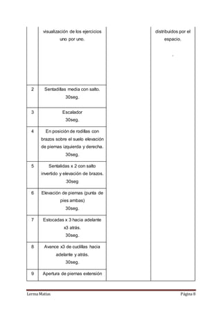 Lerma Matias Página 8
visualización de los ejercicios
uno por uno.
distribuidos por el
espacio.
.
2 Sentadillas media con salto.
30seg.
3 Escalador
30seg.
4 En posición de rodillas con
brazos sobre el suelo elevación
de piernas izquierda y derecha.
30seg.
5 Sentalidas x 2 con salto
invertido y elevación de brazos.
30seg
6 Elevación de piernas (punta de
pies ambas)
30seg.
7 Estocadas x 3 hacia adelante
x3 atrás.
30seg.
8 Avance x3 de cuclillas hacia
adelante y atrás.
30seg.
9 Apertura de piernas extensión
 
