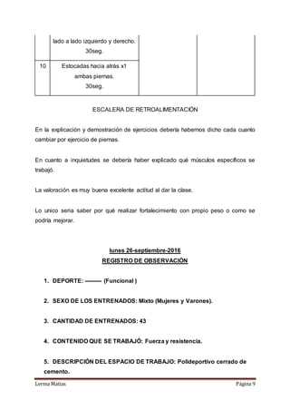 Lerma Matias Página 9
lado a lado izquierdo y derecho.
30seg.
10 Estocadas hacia atrás x1
ambas piernas.
30seg.
ESCALERA DE RETROALIMENTACIÓN
En la explicación y demostración de ejercicios debería habernos dicho cada cuanto
cambiar por ejercicio de piernas.
En cuanto a inquietudes se debería haber explicado qué músculos específicos se
trabajó.
La valoración es muy buena excelente actitud al dar la clase.
Lo unico seria saber por qué realizar fortalecimiento con propio peso o como se
podría mejorar.
lunes 26-septiembre-2016
REGISTRO DE OBSERVACIÓN
1. DEPORTE: --------- (Funcional )
2. SEXO DE LOS ENTRENADOS: Mixto (Mujeres y Varones).
3. CANTIDAD DE ENTRENADOS: 43
4. CONTENIDO QUE SE TRABAJÓ: Fuerza y resistencia.
5. DESCRIPCIÓN DEL ESPACIO DE TRABAJO: Polideportivo cerrado de
cemento.
 