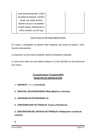 Lerma Matias Página 13
pase de pecho/variante control
de pelota de basquet, mientras
lanzas una pelota de tenis
tratando de que tu compañero
la logre atrapar. Realizamos lo
mismo nosotros. por 60 seg.
ESCALERA DE RETROALIMENTACIÓN
En cuanto a inquietudes se debería haber explicado qué zonas se trabajó y cómo
hacerla correctamente.
La valoración es muy buena excelente dado la competencia realizada.
Lo unico seria saber por qué realizar basquet y no otra actividad..ya que parece ser
muy bueno.
1ra sesión-lunes 17-octubre-2016
REGISTRO DE OBSERVACIÓN
1. DEPORTE: --------- (Funcional)
2. SEXO DE LOS ENTRENADOS: Mixto (Mujeres y Varones).
3. CANTIDAD DE ENTRENADOS: 43
4. CONTENIDO QUE SE TRABAJÓ: Fuerza y Resistencia.
5. DESCRIPCIÓN DEL ESPACIO DE TRABAJO: Polideportivo cerrado de
cemento.
6.
 