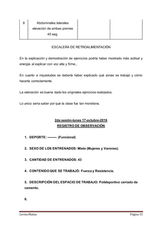 Lerma Matias Página 15
8 Abdominales laterales
elevación de ambas piernas
45 seg.
ESCALERA DE RETROALIMENTACIÓN
En la explicación y demostración de ejercicios podría haber mostrado más actitud y
energía al explicar con voz alta y firme..
En cuanto a inquietudes se debería haber explicado qué zonas se trabajó y cómo
hacerla correctamente.
La valoración es buena dado los originales ejercicios realizados.
Lo unico seria saber por qué la clase fue tan monótona.
2da sesión-lunes 17-octubre-2016
REGISTRO DE OBSERVACIÓN
1. DEPORTE: --------- (Funcional)
2. SEXO DE LOS ENTRENADOS: Mixto (Mujeres y Varones).
3. CANTIDAD DE ENTRENADOS: 43
4. CONTENIDO QUE SE TRABAJÓ: Fuerza y Resistencia.
5. DESCRIPCIÓN DEL ESPACIO DE TRABAJO: Polideportivo cerrado de
cemento.
6.
 