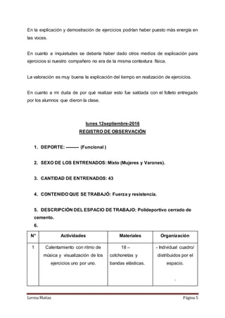 Lerma Matias Página 5
En la explicación y demostración de ejercicios podrían haber puesto más energía en
las voces.
En cuanto a inquietudes se debería haber dado otros medios de explicación para
ejercicios si nuestro compañero no era de la misma contextura física.
La valoración es muy buena la explicación del tiempo en realización de ejercicios.
En cuanto a mi duda de por qué realizar esto fue saldada con el folleto entregado
por los alumnos que dieron la clase.
lunes 12septiembre-2016
REGISTRO DE OBSERVACIÓN
1. DEPORTE: --------- (Funcional )
2. SEXO DE LOS ENTRENADOS: Mixto (Mujeres y Varones).
3. CANTIDAD DE ENTRENADOS: 43
4. CONTENIDO QUE SE TRABAJÓ: Fuerza y resistencia.
5. DESCRIPCIÓN DEL ESPACIO DE TRABAJO: Polideportivo cerrado de
cemento.
6.
N° Actividades Materiales Organización
1 Calentamiento con ritmo de
música y visualización de los
ejercicios uno por uno.
18 –
colchonetas y
bandas elásticas.
- Individual cuadro/
distribuidos por el
espacio.
.
 