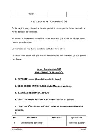 Lerma Matias Página 7
manos)
ESCALERA DE RETROALIMENTACIÓN
En la explicación y demostración de ejercicios carola podría haber mostrado en
medio del lugar de ejercicios.
En cuanto a inquietudes se debería haber explicado qué zonas se trabajó y cómo
hacerla correctamente.
La valoración es muy buena excelente actitud al dar la clase.
Lo unico seria saber por qué realizar funcional y no otra actividad..ya que parece
muy bueno.
lunes 19-septiembre-2016
REGISTRO DE OBSERVACIÓN
1. DEPORTE: --------- (Acondicionamiento físico )
2. SEXO DE LOS ENTRENADOS: Mixto (Mujeres y Varones).
3. CANTIDAD DE ENTRENADOS: 43
4. CONTENIDO QUE SE TRABAJÓ: Fortalecimiento de piernas.
5. DESCRIPCIÓN DEL ESPACIO DE TRABAJO: Polideportivo cerrado de
cemento.
6.
N° Actividades Materiales Organización
1 Calentamiento con ritmo y - Individual cuadro/
 
