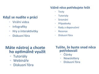 Vážně	
  něco	
  potřebujete	
  řešit	
  
                                               ◦        Testy	
  
                                               ◦        Tutorialy	
  
Když	
  se	
  nudíte	
  v	
  práci	
  
                                               ◦        Srovnání	
  
      ◦    Virální	
  videa	
                  ◦        Případovky	
  
      ◦    Infograﬁky	
                        ◦        Rady	
  a	
  doporučení	
  
      ◦    Hry	
  a	
  interakEvitky	
         ◦        Recenze	
  
      ◦    Diskusní	
  fóra	
                  ◦        Diskusní	
  fóra	
  

                                               	
  
  Máte	
  nástroj	
  a	
  chcete	
                    Tušíte,	
  že	
  byste	
  snad	
  něco	
  
   ho	
  opYmálně	
  využít	
                           potřebovali	
  
                                                          ◦  Články	
  
       ◦  Tutoriály	
                                     ◦  NewsleJery	
  
       ◦  Webináře	
                                      ◦  Diskusní	
  fóra	
  
       ◦  Diskusní	
  fóra	
  
 