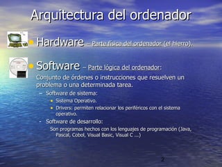 2
Arquitectura del ordenadorArquitectura del ordenador
• HardwareHardware –– Parte física del ordenadorParte física del ordenador (el hierro).(el hierro).
• SoftwareSoftware –– Parte lógica del ordenadorParte lógica del ordenador::
Conjunto de órdenes o instrucciones que resuelven unConjunto de órdenes o instrucciones que resuelven un
problema o una determinada tarea.problema o una determinada tarea.
– Software de sistema:Software de sistema:
• Sistema Operativo.Sistema Operativo.
• Drivers: permiten relacionar los periféricos con el sistemaDrivers: permiten relacionar los periféricos con el sistema
operativo.operativo.
- Software de desarrollo:Software de desarrollo:
Son programas hechos con los lenguajes de programación (Java,Son programas hechos con los lenguajes de programación (Java,
Pascal, Cobol, Visual Basic, Visual C ...)Pascal, Cobol, Visual Basic, Visual C ...)
 