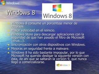 21
Windows 8Windows 8
• Windows 8 consume un porcentaje menor deWindows 8 consume un porcentaje menor de
recursos.recursos.
• Mayor velocidad en el reinicio.Mayor velocidad en el reinicio.
• Windows Store para descargar aplicaciones con laWindows Store para descargar aplicaciones con la
seguridad de que han pasado el filtro de Microsoftseguridad de que han pasado el filtro de Microsoft
(virus...).(virus...).
• Sincronización con otros dispositivos con Windows.Sincronización con otros dispositivos con Windows.
• Mejoras en seguridad frente a malware.Mejoras en seguridad frente a malware.
• Windows 8 ha sido bastante impopular, por lo queWindows 8 ha sido bastante impopular, por lo que
Microsoft ha querido desligar la siguiente versión conMicrosoft ha querido desligar la siguiente versión con
ésta, de ahí que se saltaran la versión 9, que nuncaésta, de ahí que se saltaran la versión 9, que nunca
llegó a comercializarse.llegó a comercializarse.
 